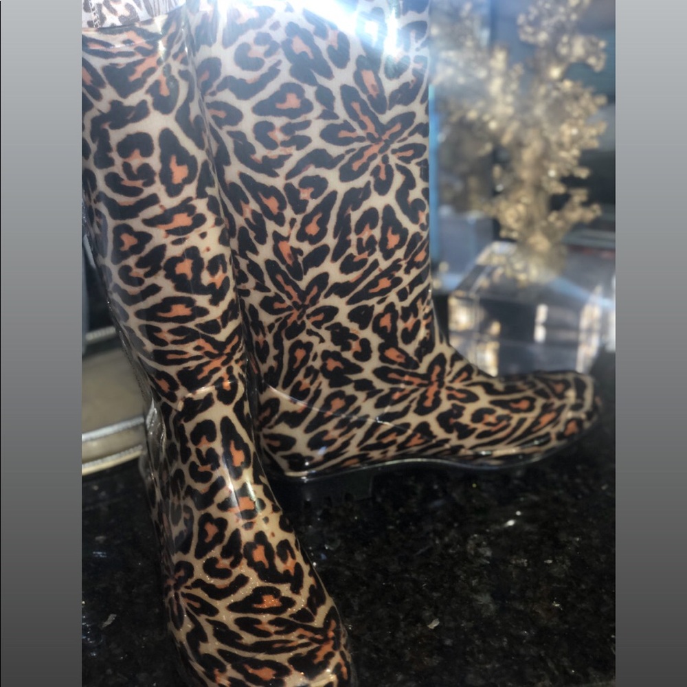 Leopard print Nicole Miller rain boots.